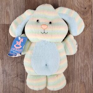 Vintage 1984 Carousel by Guy Pastel Striped Bunny Rabbit Plush Soft Fleece 9.5"